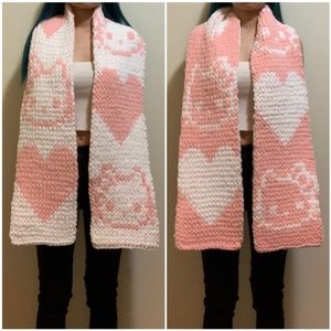 Handknit Pink White Heart Hello Kitty Chunky Chenille Knit Scarf Handmade Y2k